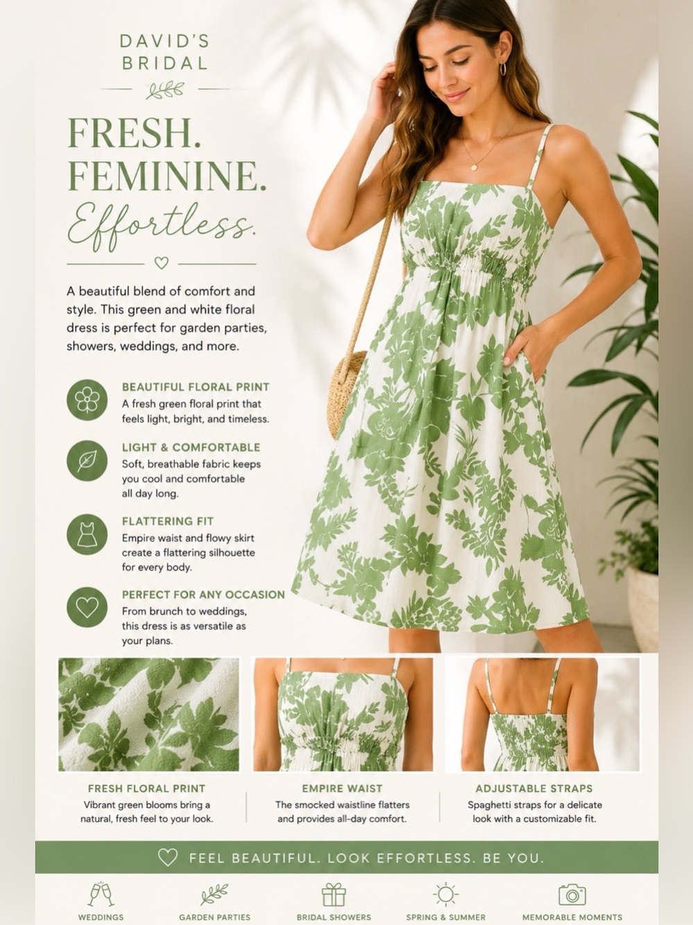 David's Bridal Green and White Floral Dress size 6
